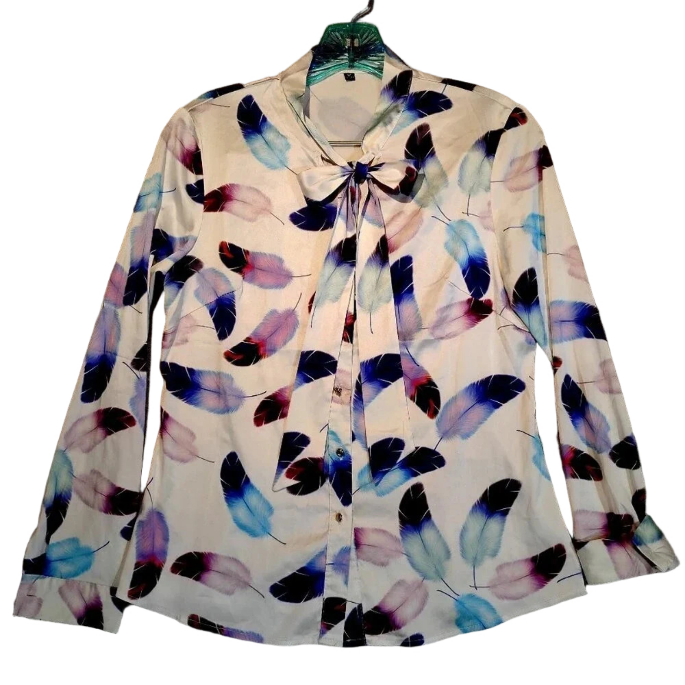 Women's White w/Blue/Purple Feathers Button Up Bow Tie Blouse Long Sleeve Medium